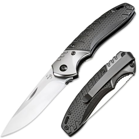 BÖKER PLUS® Advance Pro - Profi Zweihandmesser mit 7,5 cm D2 Klinge - Taschenmesser 42a konform mit Clip - hochwertiges Einsatzmesser klappbar mit Linerlock - Nagelhau Klappmesser mit Alu-Griff grau