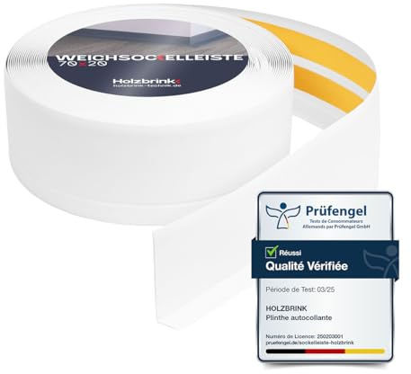 HOLZBRINK Weichsockelleiste selbstklebend PVC 70x20mm, 5 m | Winkelleiste selbstklebend für Kantenschutz | Sockelleiste Ecken PVC | Farbe: Weiß