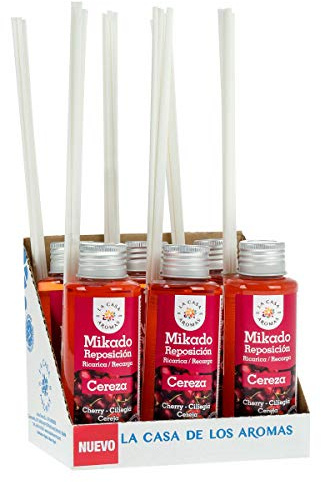 La Casa de los Aromas, Set 6 x 100ml Ambientadores Mikado Cereza para Reposición con Varillas, Difusor Líquido de Aroma Cereza, Perfume Duradero para el Hogar, Baño, Casa