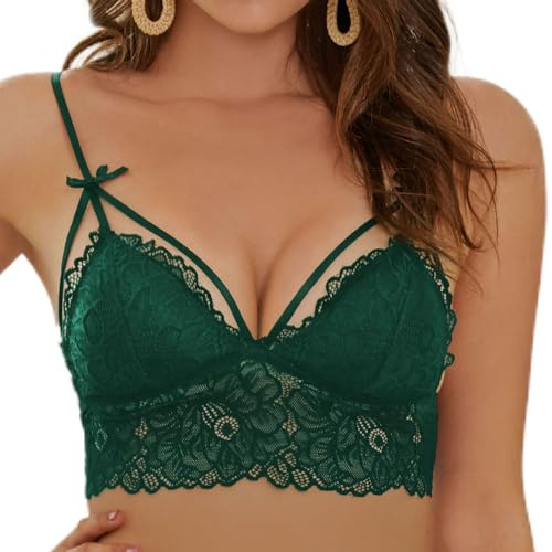 SHEKINI Dam BH avtagbara kuddar bh utan bygel spets bralette triangel bh justerbar dubbel smal axelrem banddekoration, Mörkgrön, 6074, XL