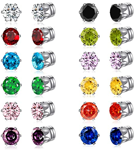 Spiritlele 12 Pairs Colors Cubic Zirconia Magnetic Earrings Clip on Non Piercing Earrings Set Unisex (Six Prong Cytal)