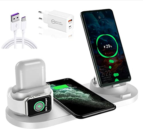 Chargeur sans Fil 6 en 1 Station de Charge inductive Charge Rapide sans Fil 15W pour iPhone 13/12 Pro Max/12 mini/11/X, Série iWatch, Série AirPods Pro/Compatible avec Les téléphones Samsung Huawei