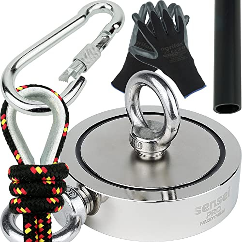 Sensei Set 500 kg, Doppelseitiger N52 Neodym-Magnet mit 2 Ösen, Ø11,6 x H3 cm, Segelseil 25 m, Schutzhandschuhe + Zubehör
