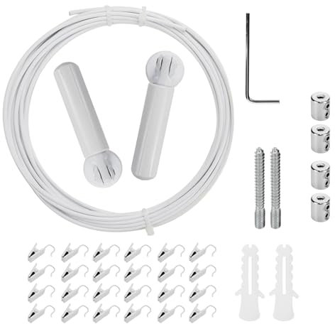 Wealrit Gardinenstangen-Set zur Wandmontage, mit 24 hängenden Clips, 40 cm, Edelstahl, zum Aufhängen, Wäscheleine, Draht (weiß)