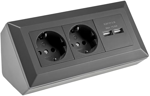 Bloque de enchufes de 2 vías + 2X USB, Negro, 250V~/ 16A, USB 5V=, Montaje en Superficie, Ideal para encimeras y Bancos de Trabajo