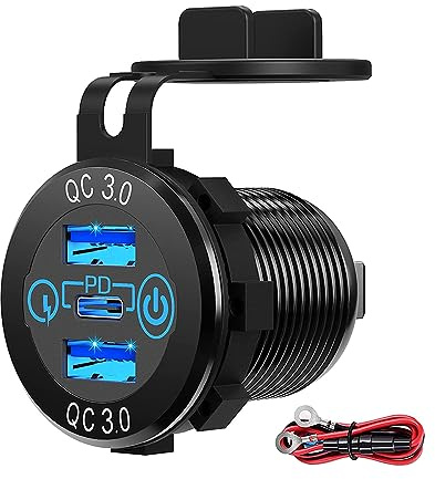Alnicov Caricabatteria per Auto USB Presa 12V / 24V 36W Carica Rapida QC3.0 Caricatore Doppio USB Presa di Corrente Pannello Adattatore di Ricarica Rapida con Interruttore LED Voltmetro