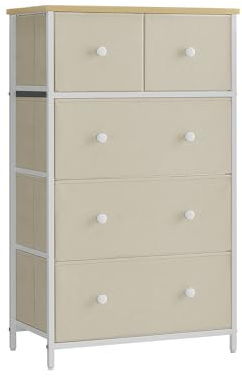 SONGMICS Kommode, Aufbewahrungsschrank, 5 Stoffschubladen, für Flur, Wohnzimmer, kamelgelb-cremeweiß LTS514W01