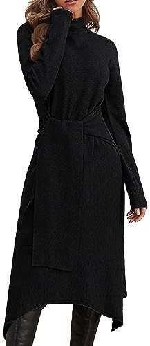 JayscreateEU Vestito da Donna in Maglia Invernale Autunnale Manica Lunga con Collo Alto e Cintura A-Linea Midi Pullover con Rollkragen, Nero , M