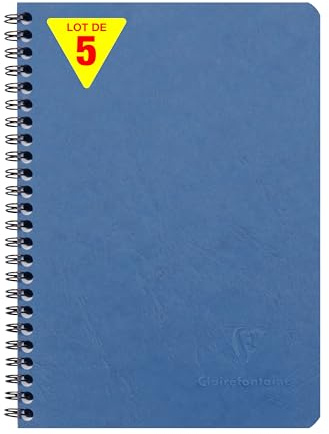 Clairefontaine 785664Cpack - Packung 5 Spiralbuch - Notizheft Age Bag mit Innentaschen DIN A5 14,8x21 cm, liniert, 60 Blatt, Blau, 5 Stück