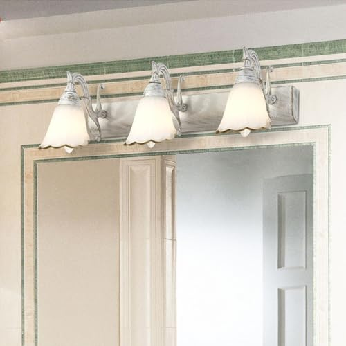 LED Rustikal Spiegelleuchte Antik Weiß Gold Badezimmerleuchte Spiegellampe E14 Vintage Mattes Glas Schirm Industrielle Badleuchte europäischer Stil Wandleuchte für Badezimmer Toilette Gasthaus, L46cm