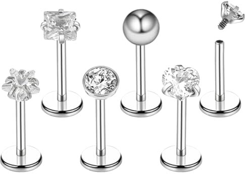 6 Stück Nasenpiercing Nase Damen Nasenstecker Chirurgenstahl Nasennadeln Nose Ring Tragus Piercing Schmuck 16G Helix Lippenpiercing 8mm Silber Tragus Piercing mit Zirkonia Piercing Damen Schmuck