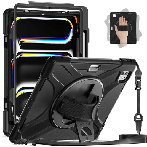 zenrich Coque Antichoc pour iPad Pro 13 Pouces (M4) 2024, Étui de Protection Robuste Silicone avec 360° Béquille Rotative, Dragonne, Bandoulière et Porte-Crayon pour modèle A2925/A2926/A3007 - Noir