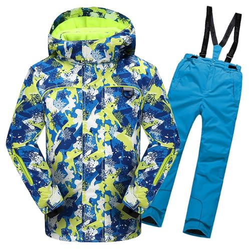 L SERVER Schneeanzug Kinder Jungen mit Kapuze Wind- und Wasserdichter Skianzug Mädchen Fleece Skianzug Zweiteilig Warme Skijacke + Skihose, Gelbe Jacke + seeblaue Hose, 170-176