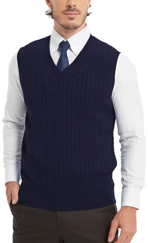 Kallspin Men's 100% Cotton Cable Knit Gilet V Neck Vest Sleeveless Jumper