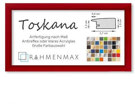 RahmenMax® Toskana Bilderrahmen Bildmaß 40x100 cm zum Aufhängen/Maßanfertigung möglich/MDF Posterrahmen in Rot mit Acrylglas Antireflex/Puzzle Rahmen