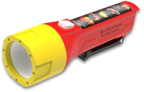 Ledlenser KidBEAM4 Linterna para niños, diseño bombero, 4 colores LED, 2 pilas AAA, ligera (72 g), ideal para leer, acampar y actividades nocturnas, regalo para niños.