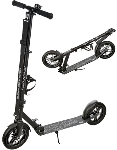 RAVEN Scooter Roller Tretroller Kickscooter für Kinder Erwachsene | klappbar | höhenverstellbar | Tragegurt | Klingel | Flaschenhalter | Luftreifen (Snug Black, 200mm)