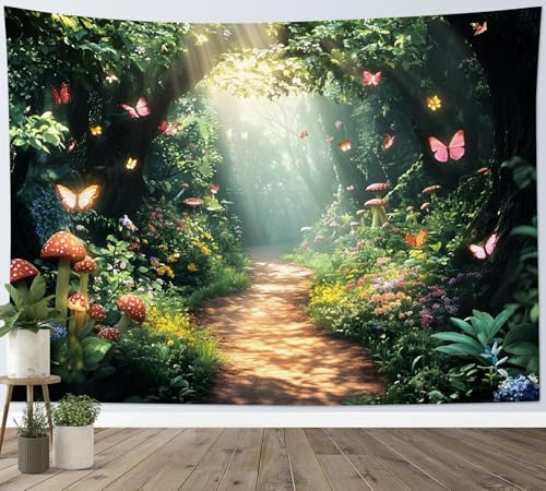 LB Wandteppich Zauberwald Wandtuch Blume Schmetterling Pilz Baum Grüne Pflanzen Wandbehang Naturlandschaft Tapisserie für Wohnzimmer Schlafzimmer Wohnheim Wanddeko,235x180cm