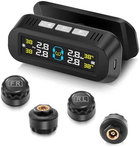 Avutrel 0-5 Bar TPMS Reifendruckkontrollsystem Solar und USB-Laden mit 4 Reifendrucksensor Sprachalarmierung, Universal Reifendrucküberwachung für Auto Wohnwagen SUV Wohnmobile Anhänger