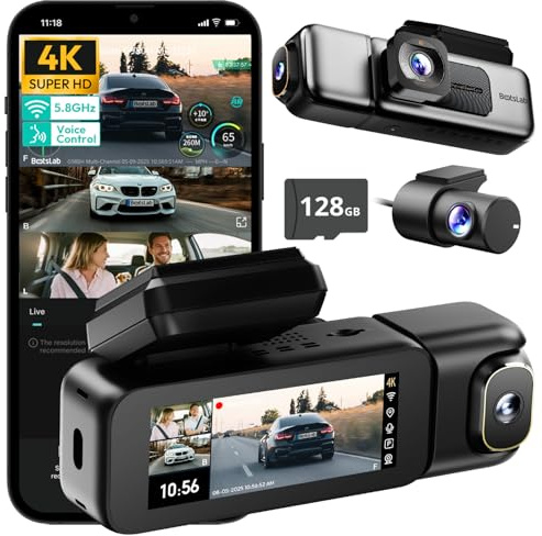 BOTSLAB 3 Channel 4K Dash Cam Front and Rear Inside, Triple Car Dash Cam with Voice Control, 3.18 inches Touch Screen, Loop Recording, 24/7 Parking Mode, Included 128GB Memory Card