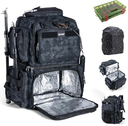 Goture Angelrucksack 53L, 2 Köderboxen, 2 Rutenhalter, Regenschutz