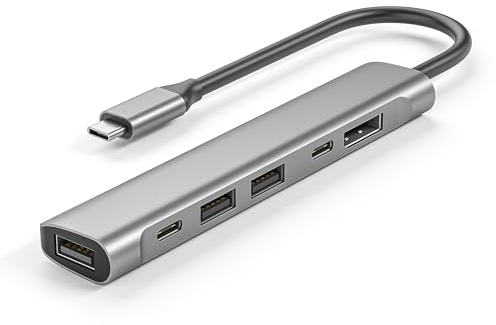 Hub USB C Hub 6 en 1 USB Hub para ordenador portátil con fuente de alimentación PD60W, puertos de datos USBC & A, USB C Dongle, DisplayPort, compacto para MacBook, Dell y más