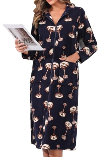 Viakeo Fleece Bademantel für Damen Reißverschluss Nachtkleid Lang Bathrobe Leichtgewicht Hausmantel mit Taschen S-3XL