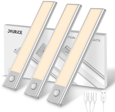 JVURICE LED Cuisine Sous Meuble,Lampe Placard avec Détecteur de Mouvement, 20 cm, 3000K et Intensité Variable, 1500 mAh Rechargeable USB Lampe LED Sans Fil, Dressing Placard Escalier Couloir（3 Pack）