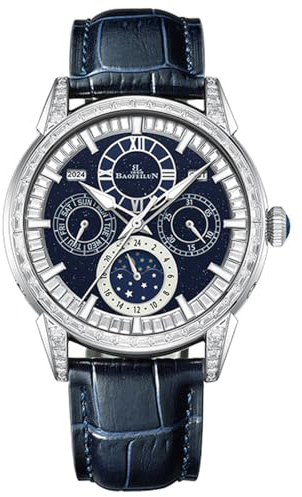 BAOFEILUN Automatisk klocka för män, kinesisk gentleman-klocka, årskalender/månadskalender/veckokalender/24-timmars visningsfunktion, safirglasspegel, italienskt klockarmband