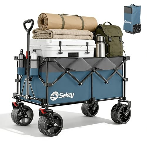 Sekey XXL Plus Bollerwagen Faltbar 200L 200KG Extra Breit-Reifen | Faltbollerwagen mit 17x10 cm All-Terrain-Räder Handwagen, Patentiert 4-Wege-Sofortaufbau Transportwagen, Blau&Grau