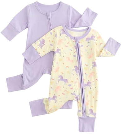 JiAmy Baby Boys Girls Bamboo Sleepsuits 2 Pack, Zip-Up Babygrow with Fold-Over Mittens & Feet, Breathable Lightweight Sleepwear with Anti-Slip Soles Purple Unicorn 18-24 Months