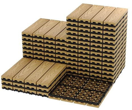 Garvee 27er Set WPC Klickfliesen 30x30cm Terrassenfliesen Teak-Optik | DIY Montage, Wetterfest, Rutschfest, Drainagesystem, UV-beständig, Pool, Garten, Wartungsfrei, Bodenbelag, Barfußfreundlich
