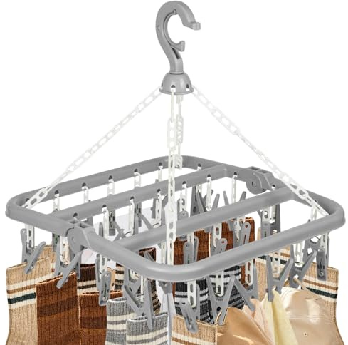 LEEPAT Clothes Drying Hanger with 32 Clips Foldable Hanging Sock Rack, Space-Saving Sock Hangers for Drying, Multi-Functional Clothes Pegs for Washing Line for Underwear, Baby Clothes, Hats, Socks