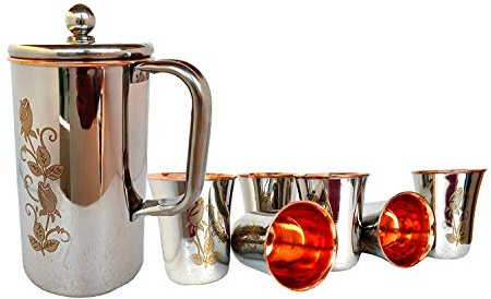 Rastogi Handicrafts Set of 6, Decanter Drink Ware Set, Outside Steel Pitcher Set Flower Print Water Glasses and a Jug Copper