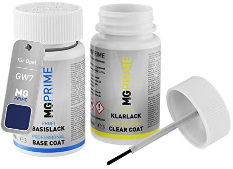 MG PRIME Autolack Lackstift für Opel GW7 Pazifikblau Pearl Metallic +1K | Pazifikblau Metallic, Set aus Basislack + Klarlack, Lackfläschchen mit Pinsel, je 50ml