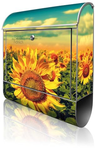 banjado Design Briefkasten personalisiert 38,5x46,5x13cm & 2 Schlüssel - Briefkasten Stahl Silber Zeitungsfach pulverbeschichtet - Postkasten A4 Einwurf inkl. Montagematerial - Motiv Sonnenblumen