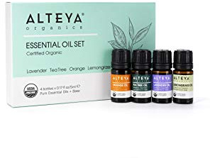 Alteya Organic Ätherische Öle Set Pure Dankbarkeit - Bio-zertifiziert - Lavendel - Teebaum - Orange - Zitronengras - 4 Flaschen x 0.17 fl oz/5 ml - Reine ätherische Öle + Basis- / Trägeröl