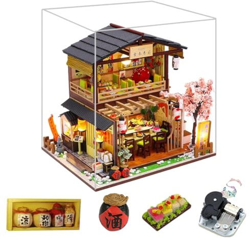 Erhumama bricolage maison de poupée japonaise avec cache-poussière kit de lumière LED miniature Sushi Shop puzzle en bois jouet cadeau d'anniversaire pour enfants