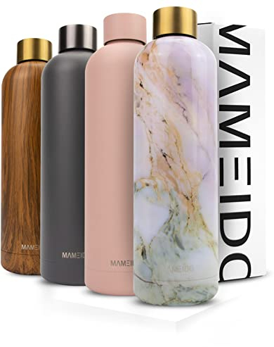 MAMEIDO Trinkflasche Edelstahl 1l, auslaufsichere Thermosflasche, Kohlensäure geeignet, BPA frei, Isolierflasche 12h heiß & 24h kalt (Pearl Marble Gold, 1000ml)