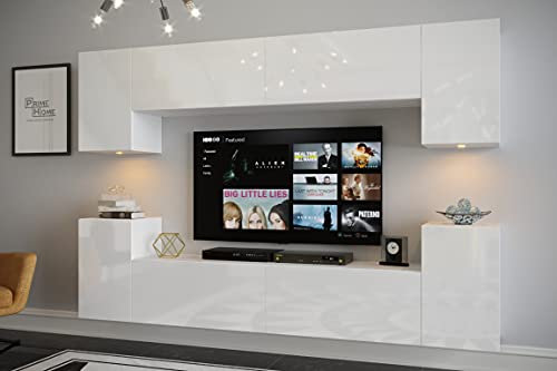 Furnitech Wohnwand Wohnzimmer - Hängend Wohnwand Modern Schrankwand mit Regale und TV Schrank - Wohnzimmer Möbel (Nicole AN294-18W-HG2)