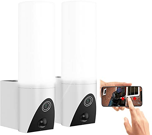 VisorTech Außenlampe mit Kamera: 2er-Set LED-Außenwandleuchte & WLAN-2K-Kamera, PIR, App, weiß (Lampe mit WLAN, LED Lampe mit, Außenleuchten Überwachungskameras Objekt Tracking)