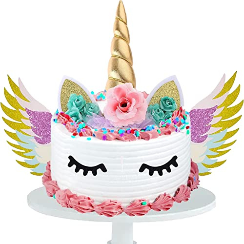 Einhorn Tortendeko, 3D Einhorn Kuchen Topper mit Flügeln, EinhornNiedlich Horn Ohren und Wimpern Kuchen Torte Deko für Party Supplies Geburtstag Hochzeit Weihnachten
