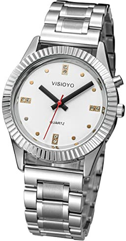 VISIONU Deutsch Sprechende Armbanduhr mit Weckerunktion, Ansage von Uhrzeit und Datum, Weiß- Ziffernblatt