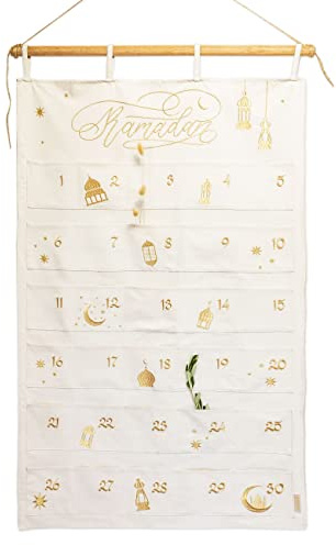 Pappersdrake-ramadankalender 2023 som väggkalender av tyg för fyllning – beige och guld – högkvalitativt broderad – tygpåse – bomull – återanvändbar – set 3