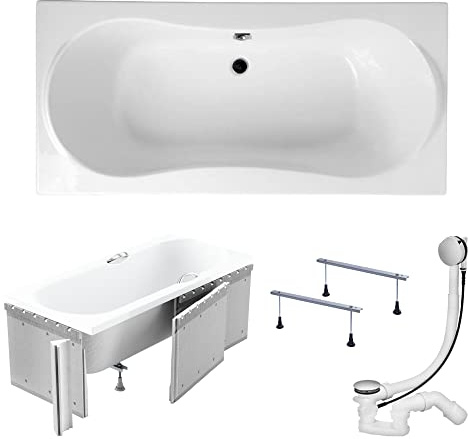 KOLMAN Badewanne LONG Rechteck 180x80 mit Styroporverkleidung, Ablaufgarnitur und Füßen Komplettset 4in1 Premium Original Acryl Wanne Siphon