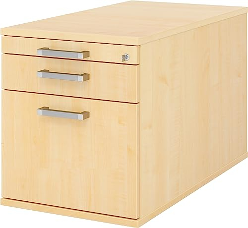 bümö Rollcontainer mit Hängeregister für Hängeordner, Container abschließbar in Ahorn - Rollwagen mit Hängeregistratur als Schreibtisch Unterschrank od. Bürocontainer m. Chromgriffe