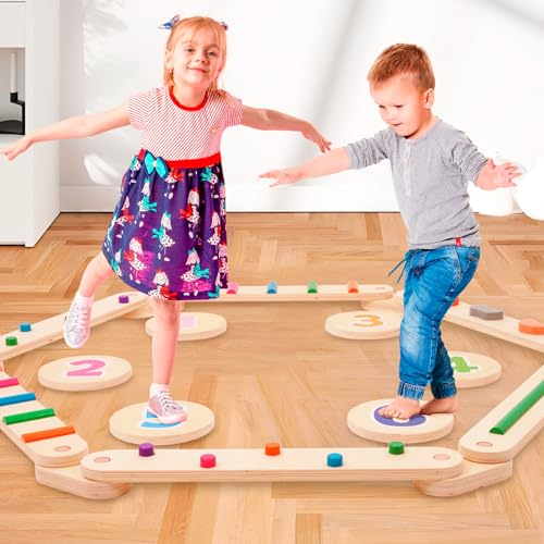Forroby Holz Kleinkinder Schwebebalken mit 6 Balanciersteine frei kombinierbar,Montessori Spielzeug für Drinnen und Draußen,Holz-Balance-Board für Kinder für Koordination und Stabilität ab 3-7 Jahren