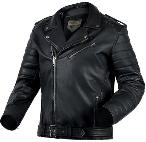 OZONE MOTO Modern Motorradjacke Herren | Ziegenleder | Ellbogen und Schulterprotektoren Stufe 1 | Rückenprotektortasche | Moderner Retro Look