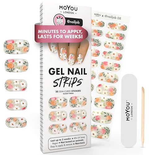 MOYOU LONDON Semi Cured Gel Nail Strips - 20 Pcs Long Lasting Nail Wraps | Cures in Sunlight or UV LED Lamp; Stretchable, Easy to Apply & Remove, Premium Long Lasting Vegan & Cruelty Free Stickers
