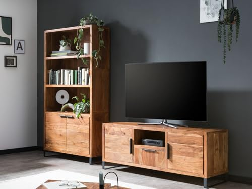 Woodkings Wohnzimmer Set Sydney | 2-teilig, Bücherregal und TV-Möbel I Wohnwand aus Massive Akazie | Moderne Schrankwand
